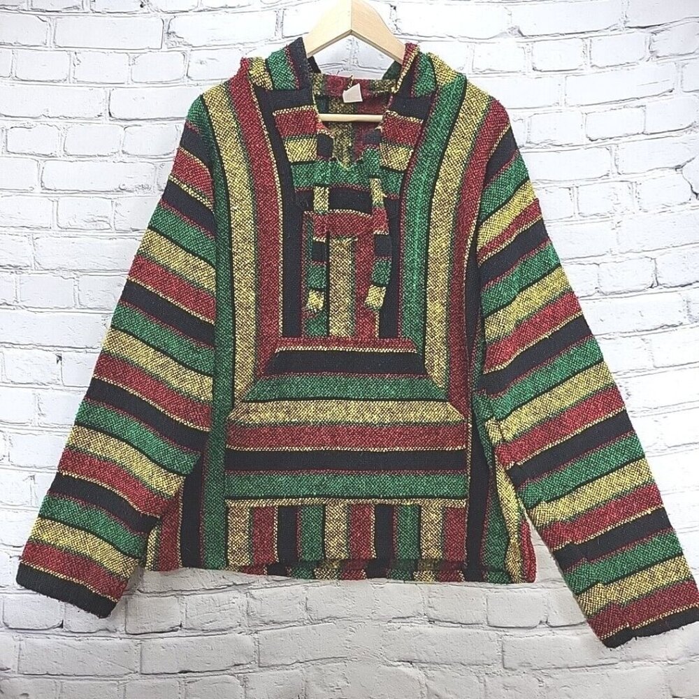 Vintage‎ Baja Hoodie Mens L Rasta Striped Beach Bum Sweater Made In Mexico